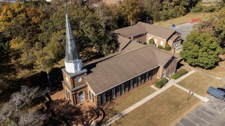 An aerial image of Sugaw Creek Presbyterian Church, 2023.