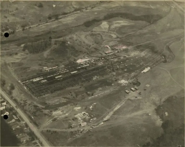 An aerial image of the construction of the Ford Motor Company Assembly Plant in Charlotte, North Carolina.