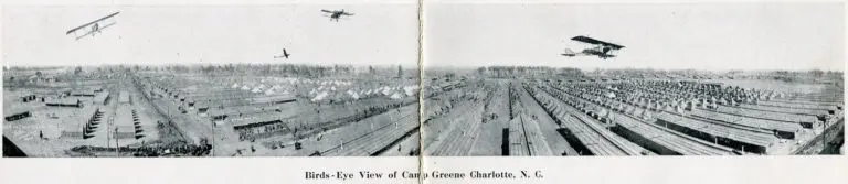 A postcard featuring an aerial shot of Camp Greene.
