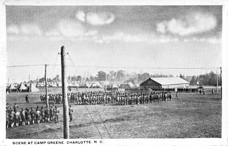 A postcard of soldiers training at Camp Greene.