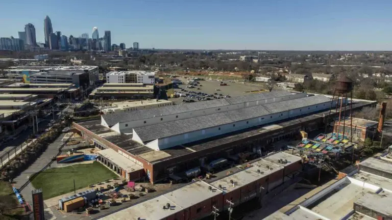 An aerial image of the Historic Ford Plant at Camp North End.