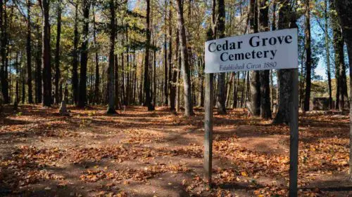 An image of the Cedar Grove Cemetery sign and background. 