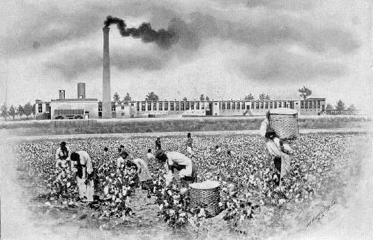 An image of people picking cotton in front of Atherton Cotton Mills.