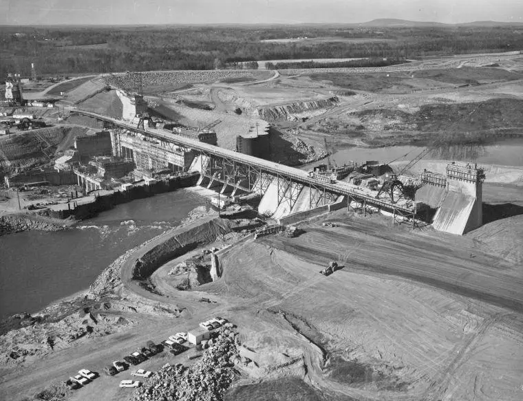 An image of Cowan’s Ford Dam and Lake Norman Under Construction, 1961.