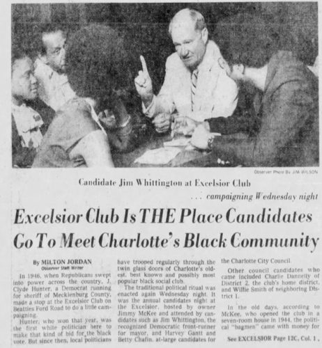 A Charlotte Observer article from September 22, 1977, featuring Candidate Jim Whittington meeting with Black voters.