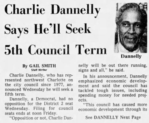 A Charlotte Observer article about Charlie Dannelly seeking re-election, August 22, 1985.