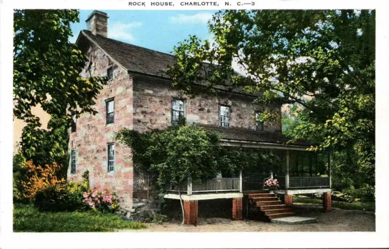A postcard featuring the Hezekiah Alexander Home.