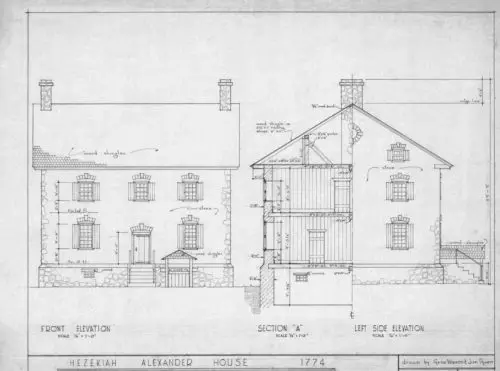 An image of a measured drawing of Hezekiah Alexander House.