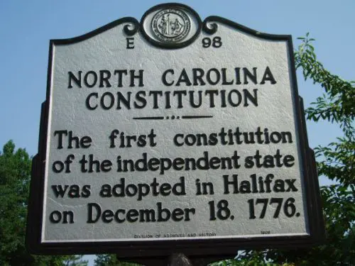 An image of a historical marker dedicated to North Carolina’s first constitution.