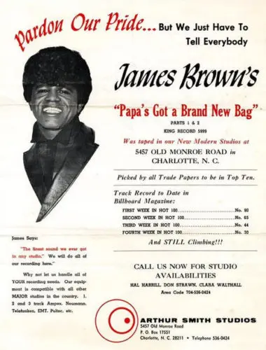 A promotional poster from Arthur Smith Studios featuring James Brown.