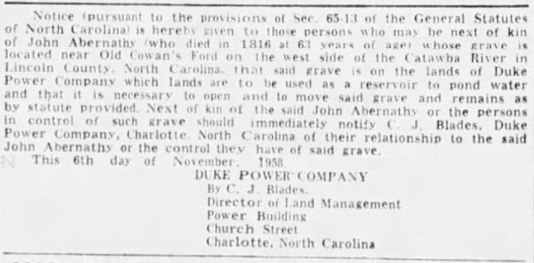 A newspaper advertisement for gravesite relocation ran in the Charlotte Observer.