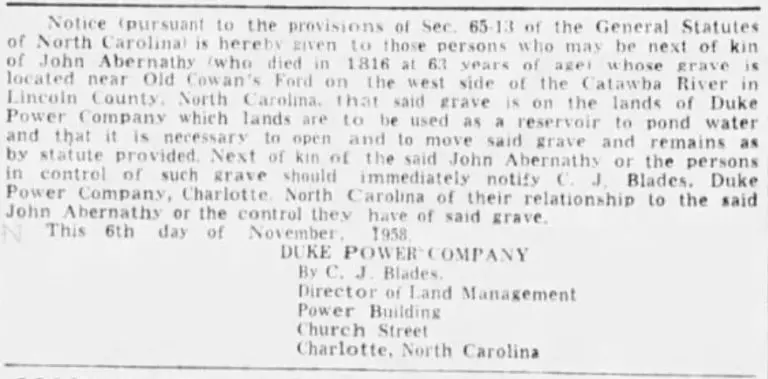 A newspaper advertisement for gravesite relocation ran in the Charlotte Observer.
