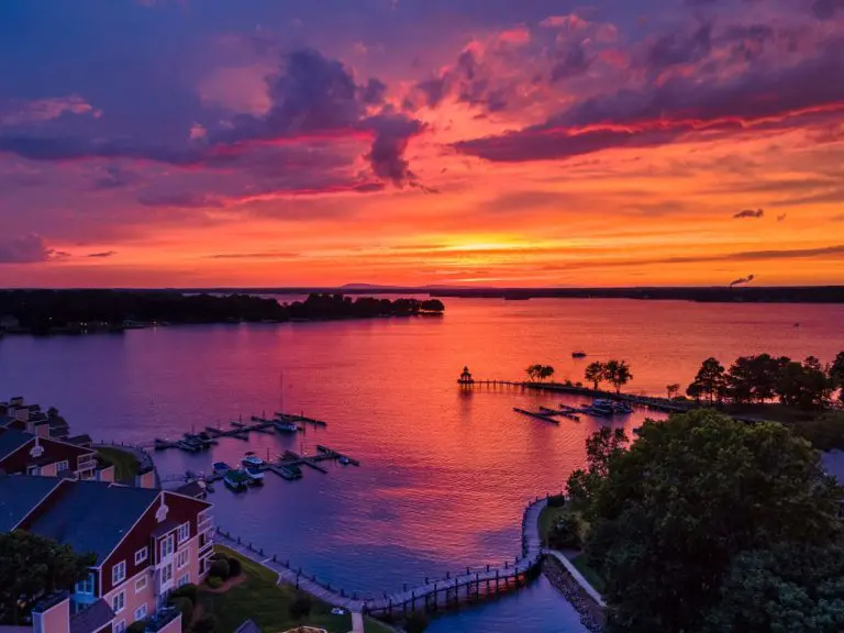 An aerial image of the sunset at Lake Norman.