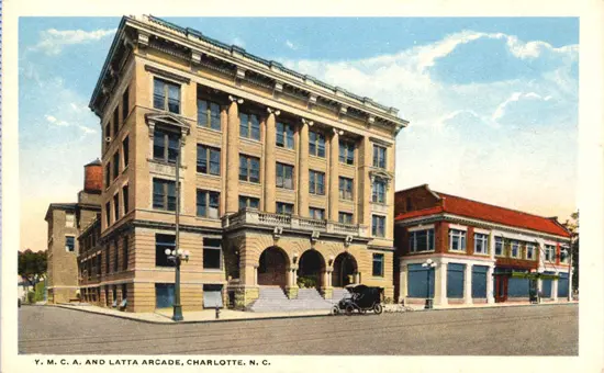 A postcard featuring Latta Arcade and the YMCA.