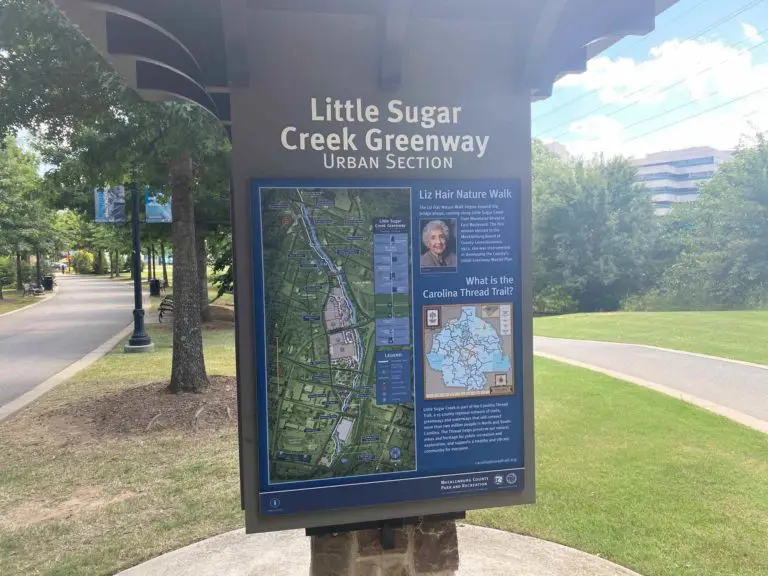 A photo of a Little Sugar Creek Greenway Marker depicting the Liz Hair Nature Walk.