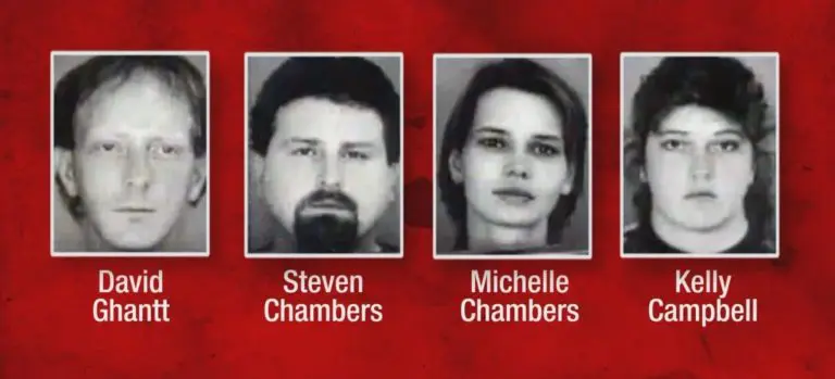 The mugshots of Ghantt, the Chambers, and Campbell.