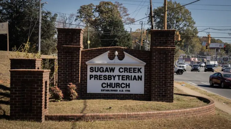 An image of Sugaw Creek Presbyterian Church sign, 2023.