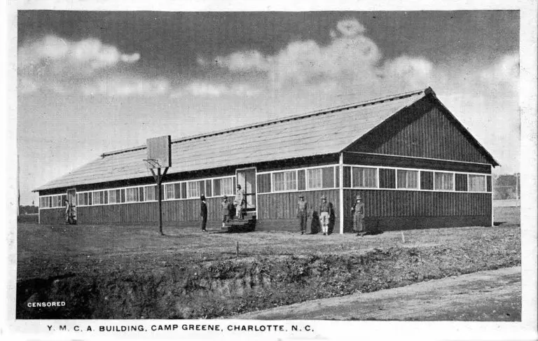 A postcard showing the YMCA building at Camp Greene.