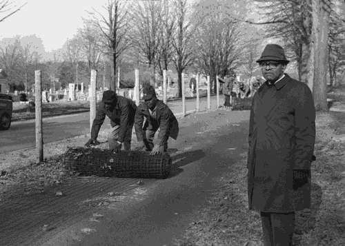 Photograph of Fred Alexander watch a segregated cemetery fence come down