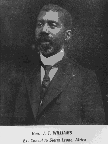 Photo of J.T. Williams with text at bottom: "Hon. J.T. Williams. Ex. Consul to Sierra Leone, Africa."