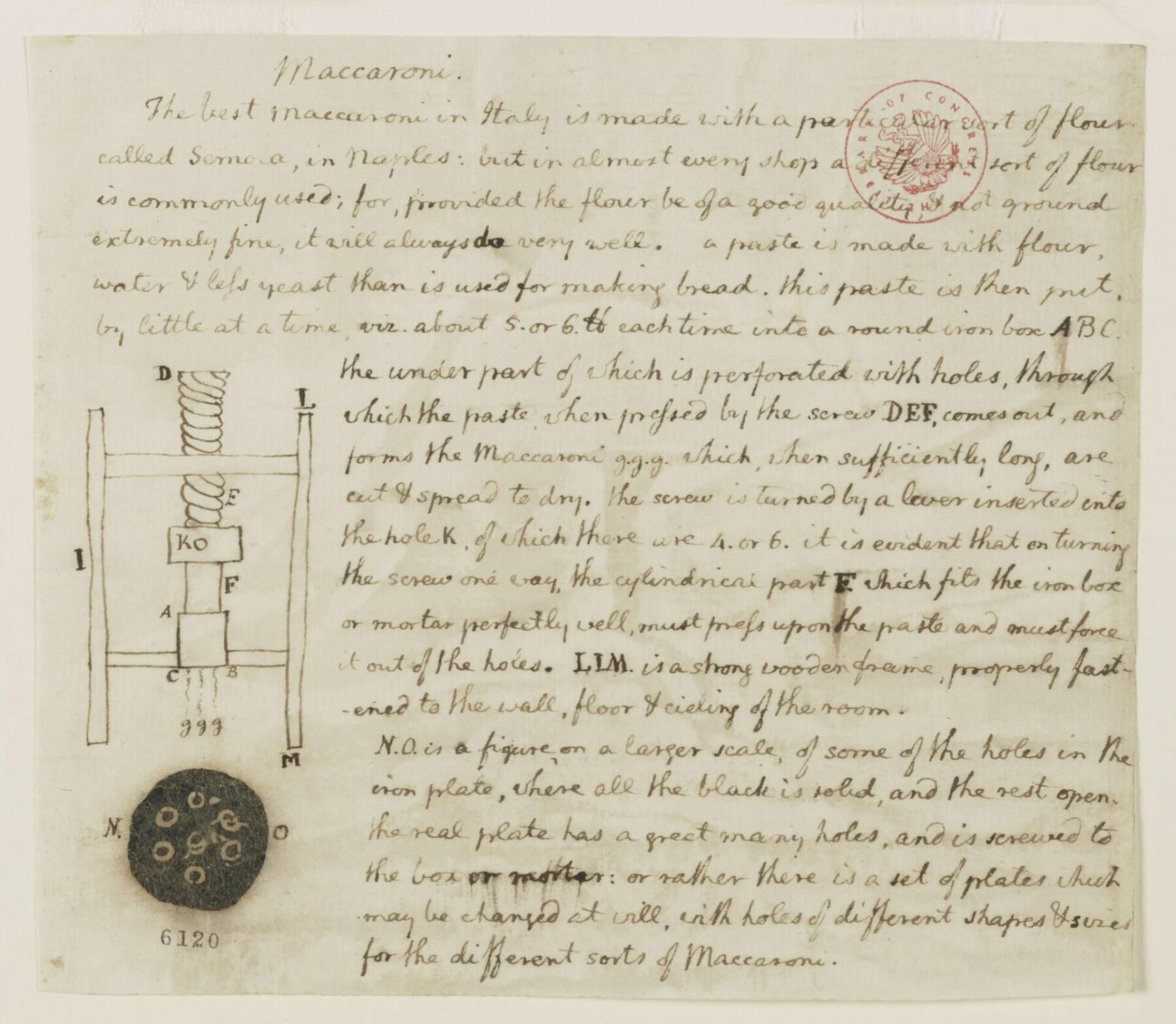 An image of a drawing of Jefferson’s macaroni machine which could press macaroni into shape along with instructions for making pasta.