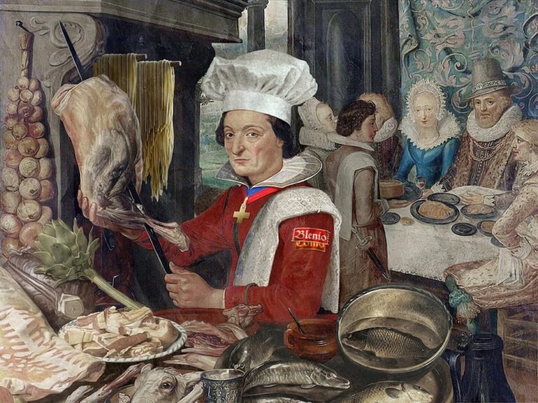 Illustration of a chef preparing foods including pasta in the foreground with people eating at a table behind him.
