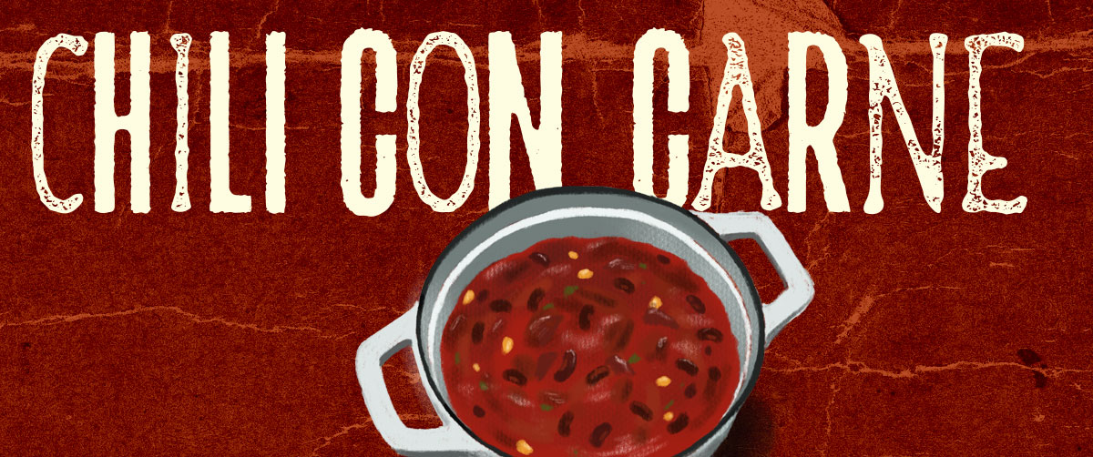 Header image showing a pot of chili con carne