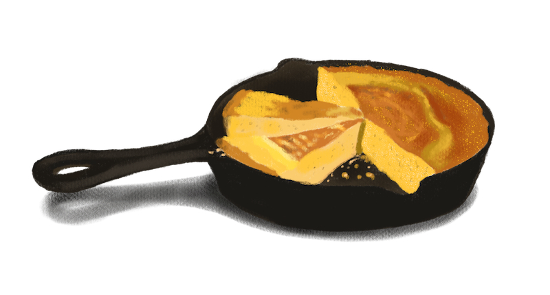 Illustration of cornbread in a skillet