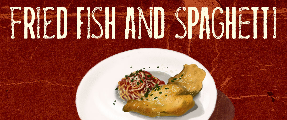 Header image showing a plate of fried fish and spaghetti