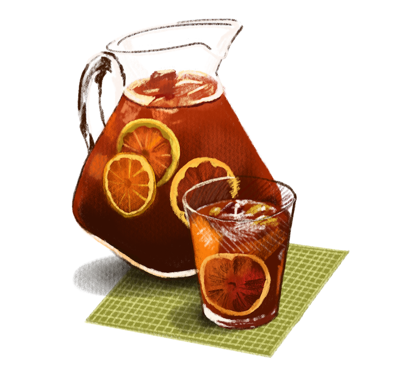 Illustration of sweet tea in a pitcher and a glass with lemin slices